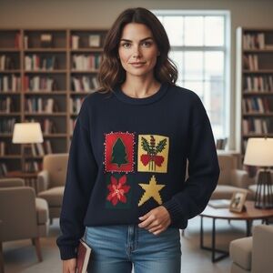 LIZ CLAIBORNE Navy Christmas Motif Pullover XL Cotton Star Flower Tree Sweater